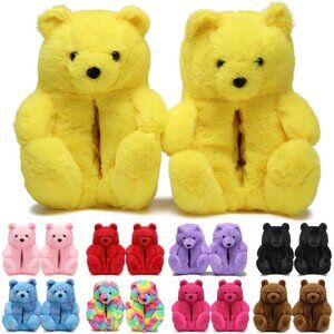 Women's Cute Fuzzy Yellow Teddy Bear Slippers Cozy Cartoon Indoor Shoes